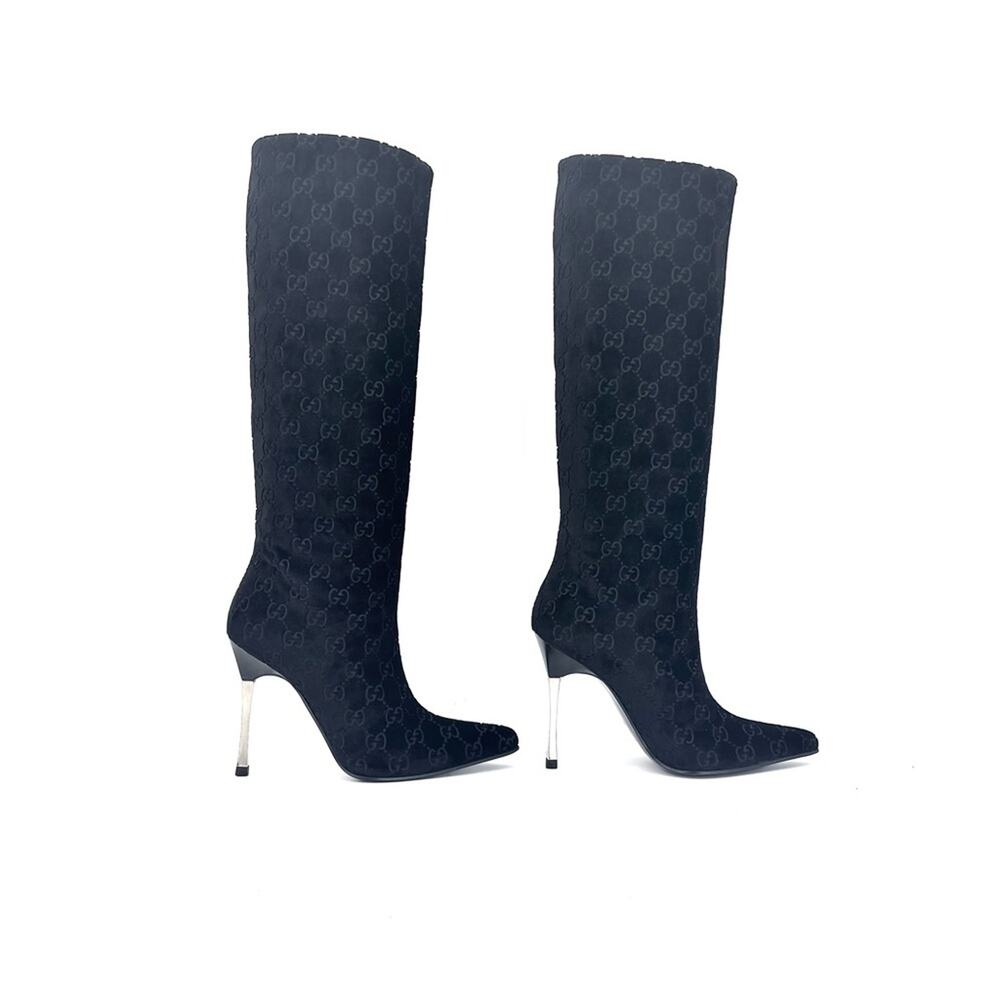 Gucci Tom Ford GG Monogram Velvet Black Knee High Pointed Toe Heeled Boots 6 - Picture 5 of 12
